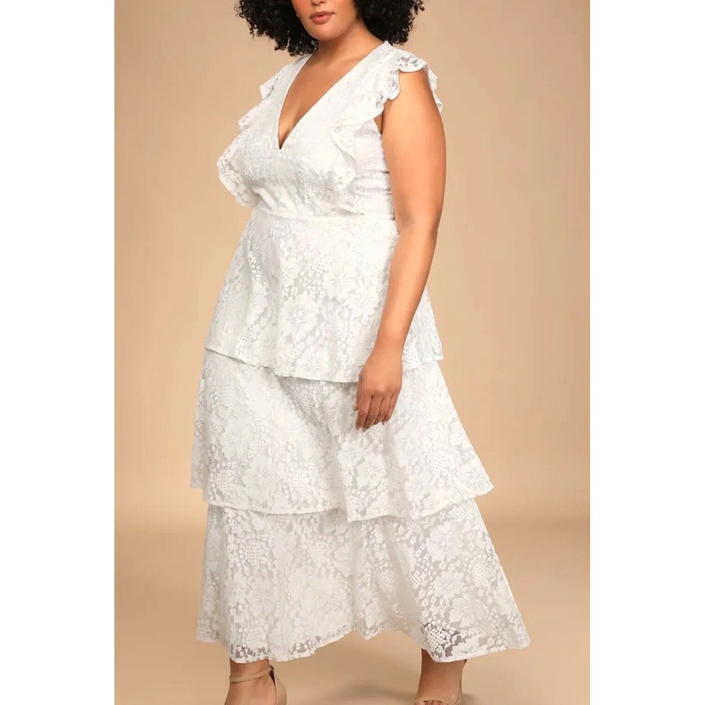 NWT Lulus Molinetto Lace White Ruffle‎ Tiered Sleeveless V Neck Dress Sz 2X